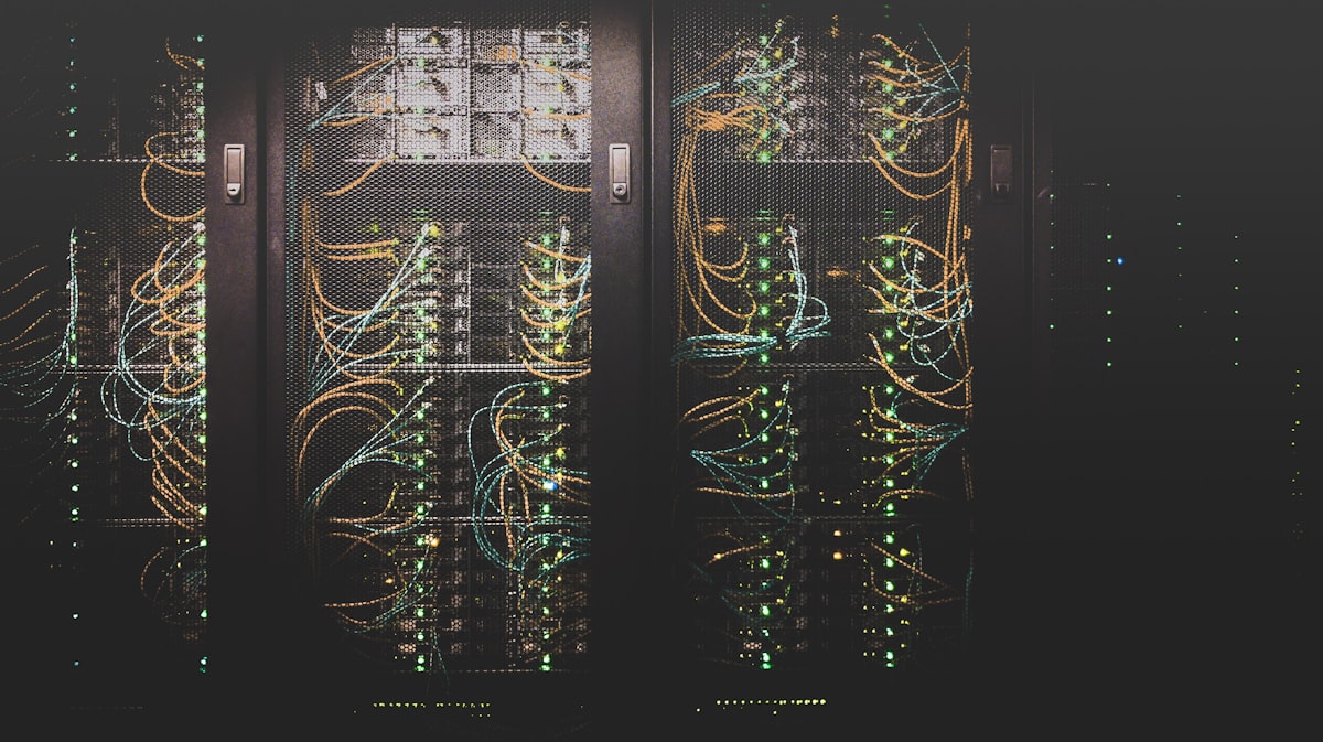 Server racks in a darkened data center